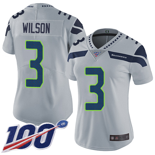 Seahawks #3 Russell Wilson Grey Alternate Women's Stitched Football 100th Season Vapor Limited Jersey