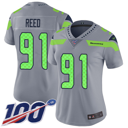 Seahawks #91 Jarran Reed Gray Women's Stitched Football Limited Inverted Legend 100th Season Jersey