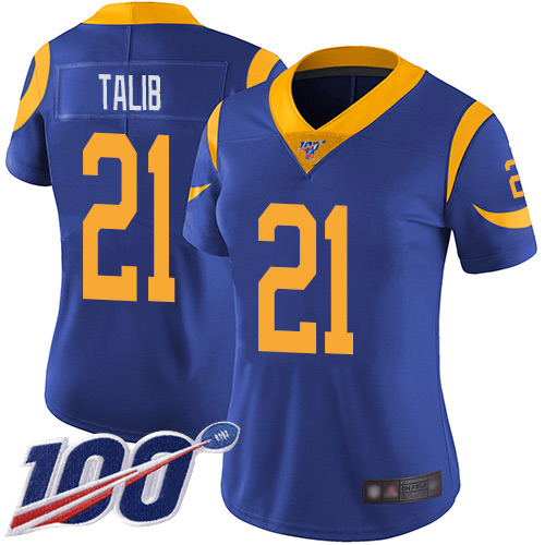 Rams #21 Aqib Talib Royal Blue Alternate Women's Stitched Football 100th Season Vapor Limited Jersey