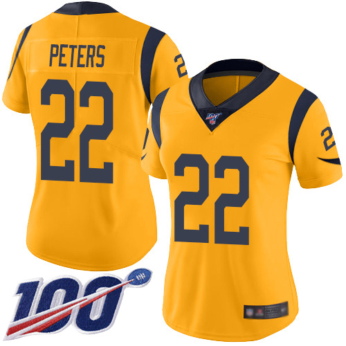 Rams #22 Marcus Peters Gold Women's Stitched Football Limited Rush 100th Season Jersey