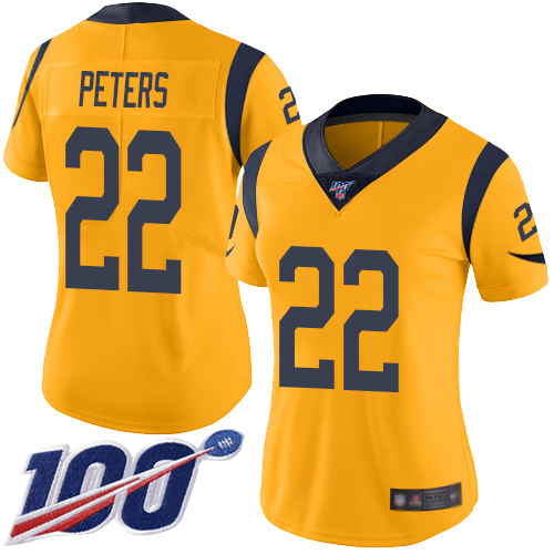 Rams #22 Marcus Peters Gold Women's Stitched Football Limited Rush 100th Season Jersey Rams #22 Marcus Peters Gold Women's Stitched Football Limited Rush 100th Season Jersey