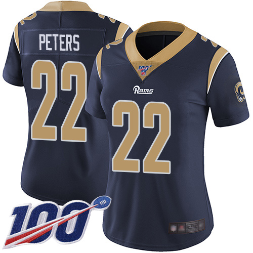 Rams #22 Marcus Peters Navy Blue Team Color Women's Stitched Football 100th Season Vapor Limited Jersey
