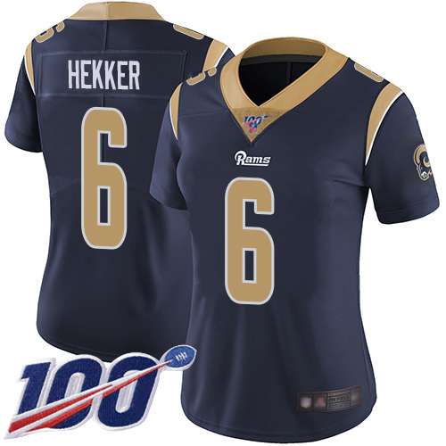 Rams #6 Johnny Hekker Navy Blue Team Color Women's Stitched Football 100th Season Vapor Limited Jersey