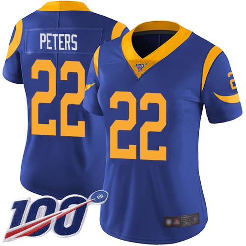 Rams #22 Marcus Peters Royal Blue Alternate Women's Stitched Football 100th Season Vapor Limited Jersey
