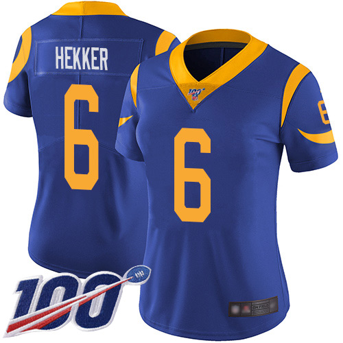 Rams #6 Johnny Hekker Royal Blue Alternate Women's Stitched Football 100th Season Vapor Limited Jersey
