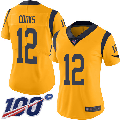Rams #12 Brandin Cooks Gold Women's Stitched Football Limited Rush 100th Season Jersey Rams #12 Brandin Cooks Gold Women's Stitched Football Limited Rush 100th Season Jersey