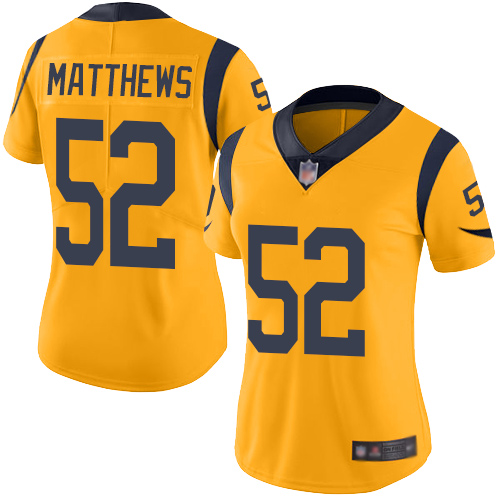 Nike Rams #52 Clay Matthews Gold Women's Stitched NFL Limited Rush Jersey