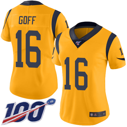 Rams #16 Jared Goff Gold Women's Stitched Football Limited Rush 100th Season Jersey