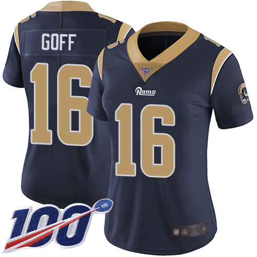 Rams #16 Jared Goff Navy Blue Team Color Women's Stitched Football 100th Season Vapor Limited Jersey