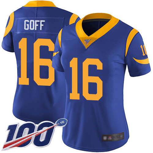Rams #16 Jared Goff Royal Blue Alternate Women's Stitched Football 100th Season Vapor Limited Jersey