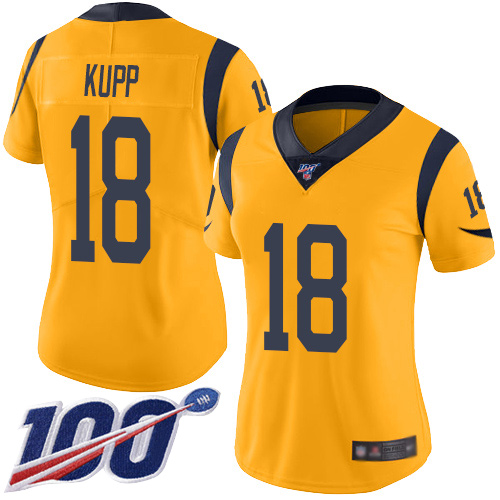 Rams #18 Cooper Kupp Gold Women's Stitched Football Limited Rush 100th Season Jersey