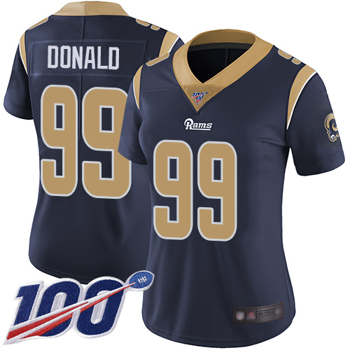 Rams #99 Aaron Donald Navy Blue Team Color Women's Stitched Football 100th Season Vapor Limited Jersey