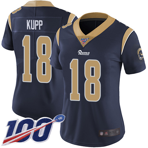 Rams #18 Cooper Kupp Navy Blue Team Color Women's Stitched Football 100th Season Vapor Limited Jersey