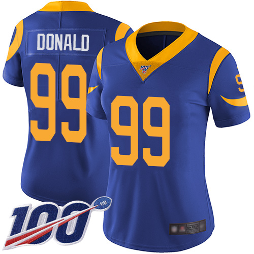 Rams #99 Aaron Donald Royal Blue Alternate Women's Stitched Football 100th Season Vapor Limited Jersey