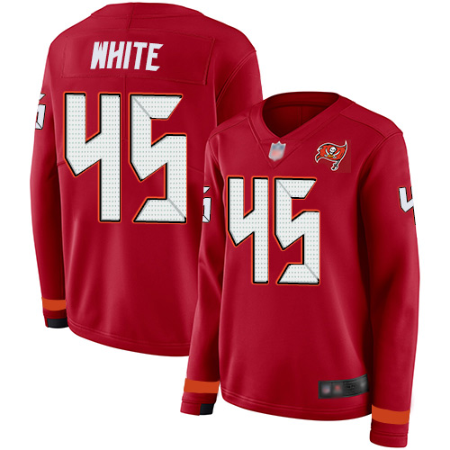 Buccaneers #41 Devin White Red Team Color Women's Stitched Football Limited Therma Long Sleeve Jersey