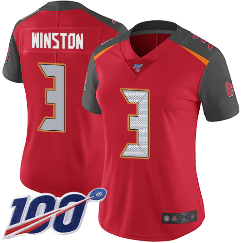 Buccaneers #3 Jameis Winston Red Team Color Women's Stitched Football 100th Season Vapor Limited Jersey Buccaneers #3 Jameis Winston Red Team Color Women's Stitched Football 100th Season Vapor Limited Jersey