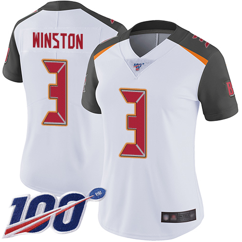Buccaneers #3 Jameis Winston White Women's Stitched Football 100th Season Vapor Limited Jersey
