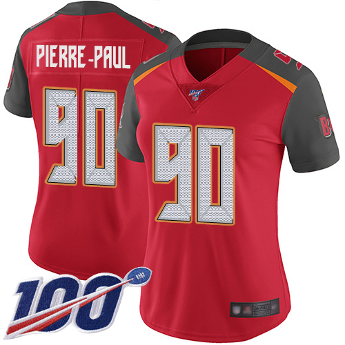 Buccaneers #90 Jason Pierre-Paul Red Team Color Women's Stitched Football 100th Season Vapor Limited Jersey