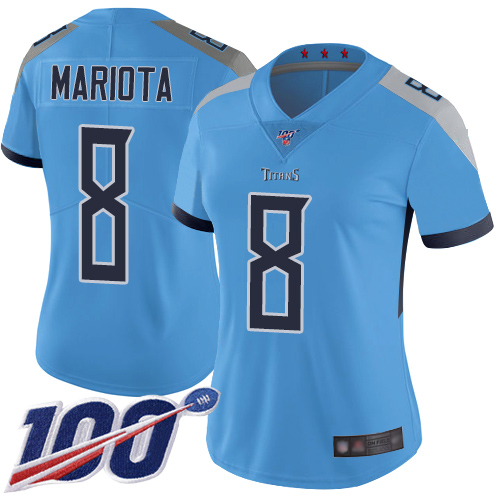 Titans #8 Marcus Mariota Light Blue Alternate Women's Stitched Football 100th Season Vapor Limited Jersey