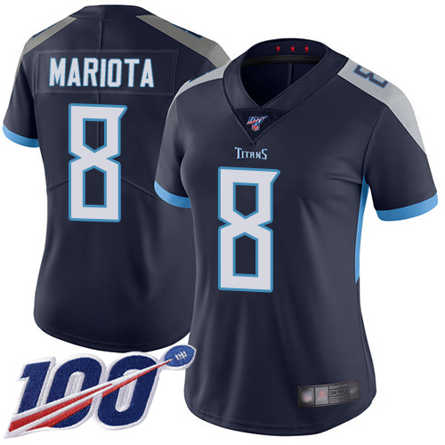 Titans #8 Marcus Mariota Navy Blue Team Color Women's Stitched Football 100th Season Vapor Limited Jersey