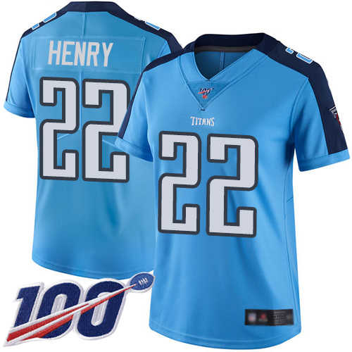Titans #22 Derrick Henry Light Blue Women's Stitched Football Limited Rush 100th Season Jersey