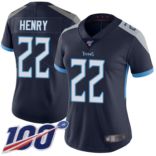 Titans #22 Derrick Henry Navy Blue Team Color Women's Stitched Football 100th Season Vapor Limited Jersey