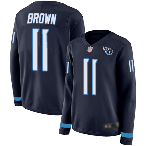 Titans #11 A.J. Brown Navy Blue Team Color Women's Stitched Football Limited Therma Long Sleeve Jersey