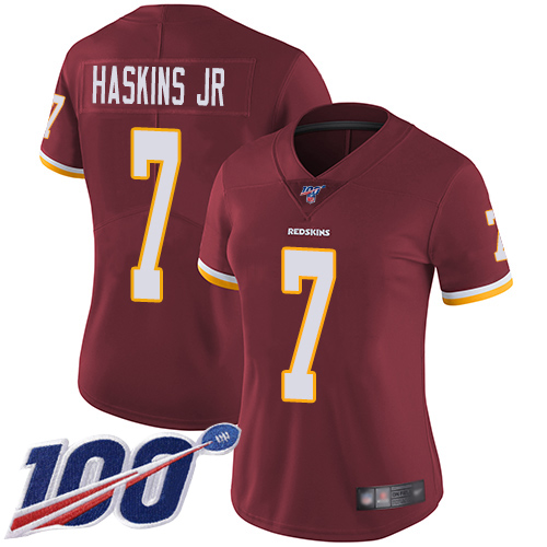 Redskins #7 Dwayne Haskins Jr Burgundy Red Team Color Women's Stitched Football 100th Season Vapor Limited Jersey