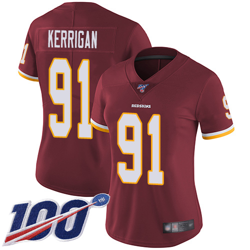 Redskins #91 Ryan Kerrigan Burgundy Red Team Color Women's Stitched Football 100th Season Vapor Limited Jersey