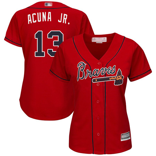 Braves #13 Ronald Acuna Jr. Red Alternate Women's Stitched Baseball Jersey