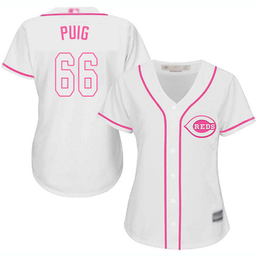 Reds #66 Yasiel Puig White/Pink Fashion Women's Stitched Baseball Jersey