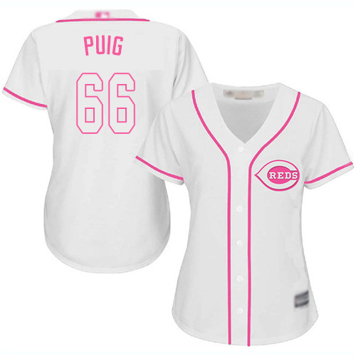Reds #66 Yasiel Puig White/Pink Fashion Women's Stitched Baseball Jersey