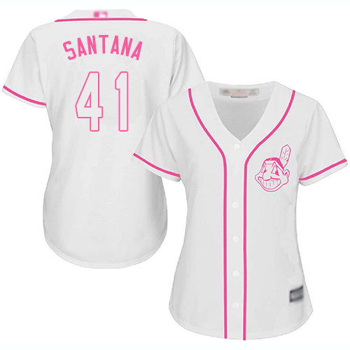 Indians #41 Carlos Santana White/Pink Fashion Women's Stitched Baseball Jersey