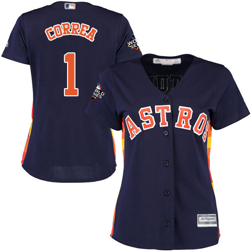 Astros #1 Carlos Correa Navy Blue Alternate 2019 World Series Bound Women's Stitched Baseball Jersey