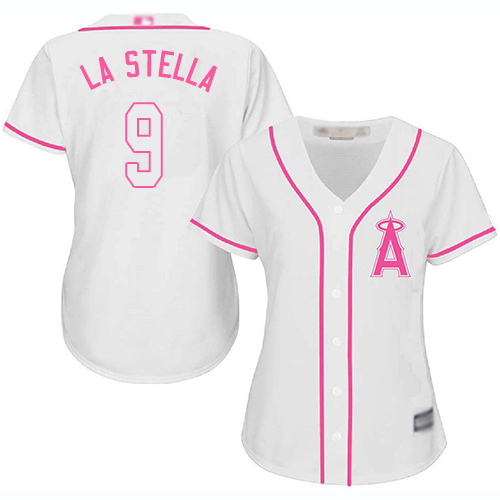 Angels #9 Tommy La Stella White/Pink Fashion Women's Stitched Baseball Jersey