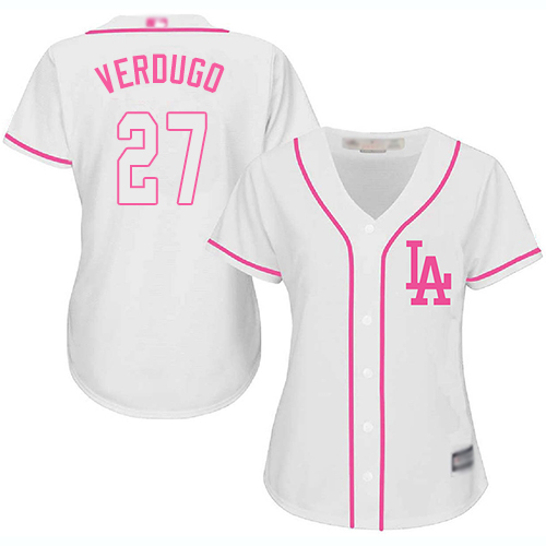 Dodgers #27 Alex Verdugo White/Pink Fashion Women's Stitched Baseball Jersey