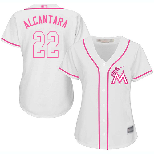 Marlins #22 Sandy Alcantara White/Pink Fashion Women's Stitched Baseball Jersey