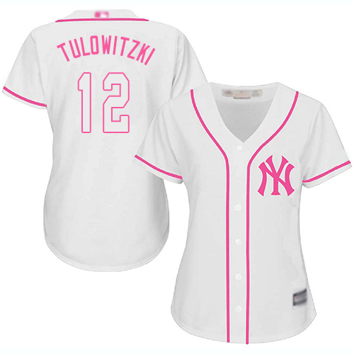 Yankees #12 Troy Tulowitzki White/Pink Fashion Women's Stitched Baseball Jersey