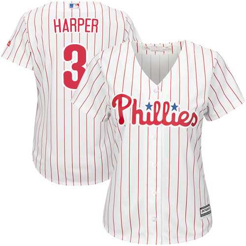 Phillies #3 Bryce Harper White(Red Strip) Home Women's Stitched Baseball Jersey