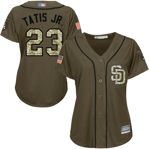 Padres #23 Fernando Tatis Jr. Green Salute to Service Women's Stitched Baseball Jersey