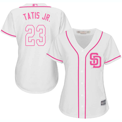 Padres #23 Fernando Tatis Jr. White/Pink Fashion Women's Stitched Baseball Jersey Padres #23 Fernando Tatis Jr. White/Pink Fashion Women's Stitched Baseball Jersey