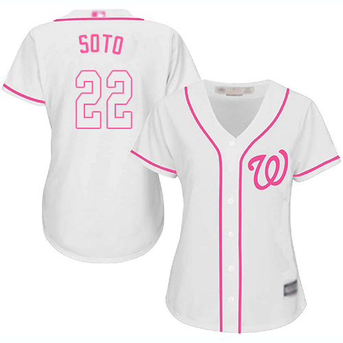 Nationals #22 Juan Soto White/Pink Fashion Women's Stitched Baseball Jersey