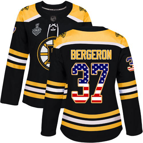 Bruins #37 Patrice Bergeron Black Home Authentic USA Flag Stanley Cup Final Bound Women's Stitched Hockey Jersey