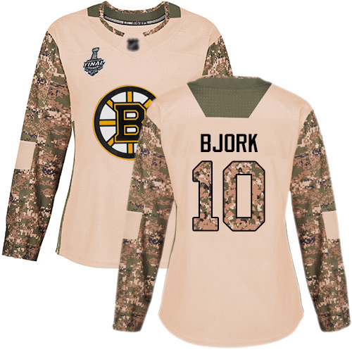Bruins #10 Anders Bjork Camo Authentic 2017 Veterans Day Stanley Cup Final Bound Women's Stitched Hockey Jersey