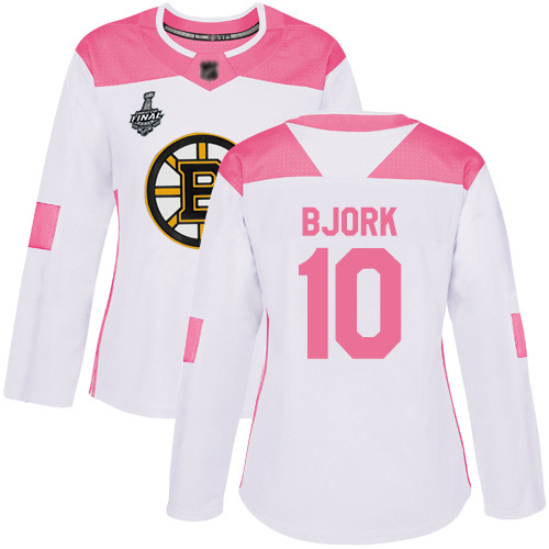 Bruins #10 Anders Bjork White/Pink Authentic Fashion Stanley Cup Final Bound Women's Stitched Hockey Jersey