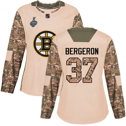 Bruins #37 Patrice Bergeron Camo Authentic 2017 Veterans Day Stanley Cup Final Bound Women's Stitched Hockey Jersey