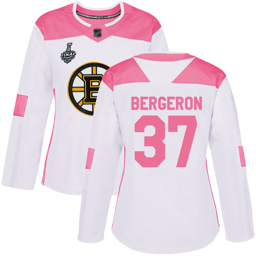 Bruins #37 Patrice Bergeron White/Pink Authentic Fashion Stanley Cup Final Bound Women's Stitched Hockey Jersey
