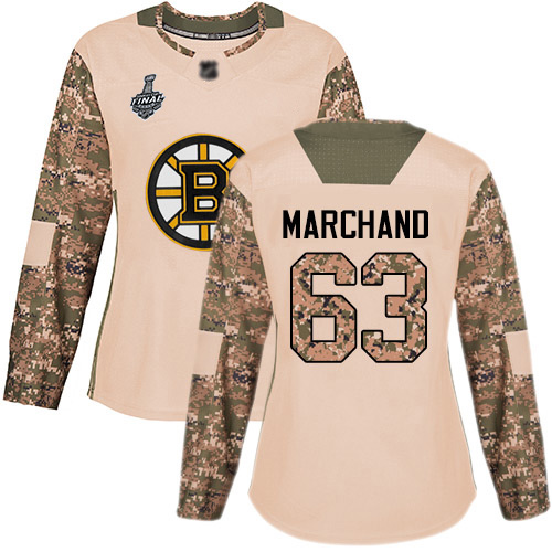 Bruins #63 Brad Marchand Camo Authentic 2017 Veterans Day Stanley Cup Final Bound Women's Stitched Hockey Jersey
