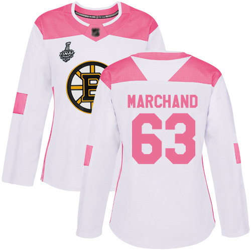 Bruins #63 Brad Marchand White/Pink Authentic Fashion Stanley Cup Final Bound Women's Stitched Hockey Jersey