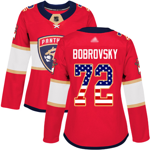 Panthers #72 Sergei Bobrovsky Red Home Authentic USA Flag Women's Stitched Hockey Jersey